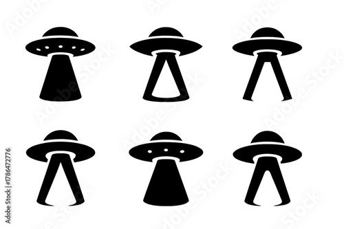 UFO Logo Grid. UFO sightings. Set Logo of saucer beaming light cone: Symmetrical form, Stylized detail, Minimal outline, Abstract geometric, Negative space,