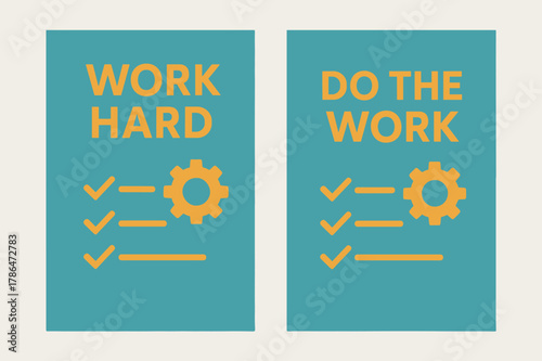 Work Ethic Banners. Work Ethic. Two vertical A6 banners with safe margins, centered composition, no elements touching edges, minimal, turquoise and orange,