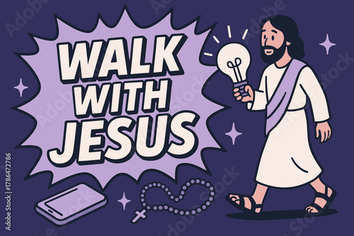 Walk with Jesus. Walk with Jesus banner, flat vector illustration, bold oversized text inside comic burst banner, cartoon characters walking and holding a