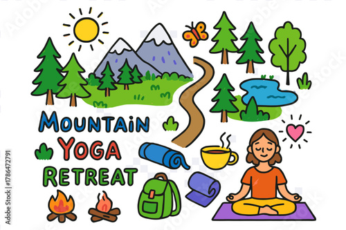 Mountain Yoga Adventure. Mountain yoga retreat. Colorful Hand-drawn doodle Children illustration Mountain yoga retreat mountain peak, meditation hut, forest