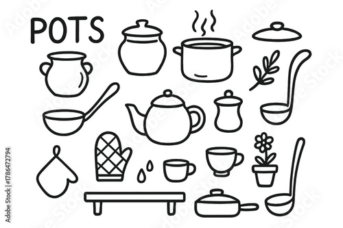 Creative Kitchen Doodles. Pots. Hand-drawn doodle illustration pots clay pot, ceramic jar, cooking pot, saucepan, teapot, lid, ladle, steam lines, spoon, cup,