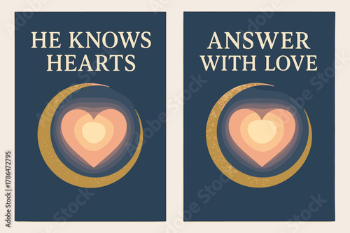 Hearts to Allah Banners. Hearts to Allah. Two vertical A6 banners with safe margins, centered composition, no elements touching edges, pastel, navy and gold,