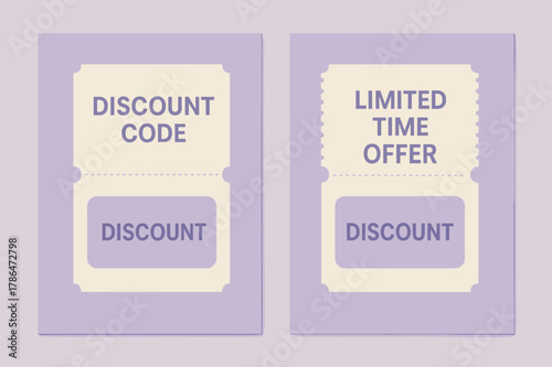 Lavender Coupon Banners. DISCOUNT. Two vertical A6 banners with safe margins, centered composition, no elements touching edges, minimal, lavender and cream,