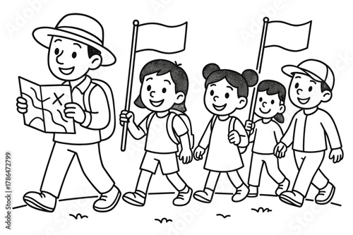 Community Procession Coloring Page. Community procession children?s coloring book illustration, outlined drawing, a group of smiling travelers walking together