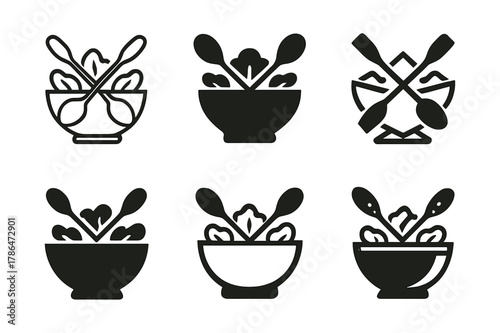 Salad Bowl Logos. Salad bowl. Icon set. Set Logo of salad bowl: salad bowl and serving spoons crossed. harmonious logo variations of the same emblematic