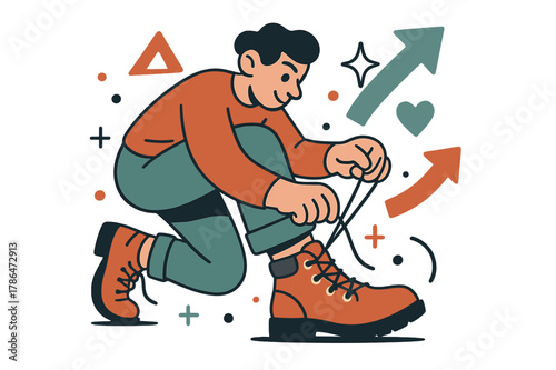 Adventure Ready Boots. Boot. Person tying laces on hiking boots with abstract floating arrows, sparkles, and icons; conveys adventure, preparation, and outdoor