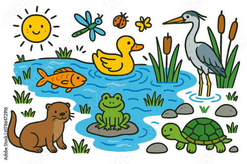 River Wildlife Doodles. River wildlife. Colorful Hand-drawn doodle Children illustration River wildlife otter, duck, frog, turtle, fish, heron, reeds, insects,