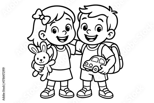 Kids Hugging Coloring Page. Playful friends children?s coloring book illustration, outlined drawing, happy