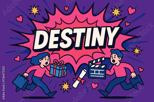 Comic Chaos Explosion. Destiny comic burst, flat vector illustration, bold oversized text inside splash explosion, cartoon characters shouting and running