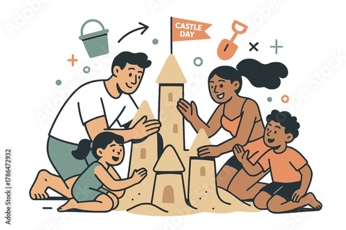 Family Sandcastle Fun. Beach Vacation ? Family Sandcastle. Hands pat smooth towers; a tiny flag reads ?castle day?. Bucket and shovel icons arc in a tidy loop.
