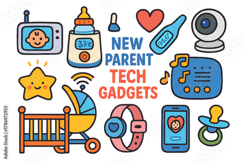 New Parent Gadgets. New parent tech gadgets. Colorful Hand-drawn doodle Children illustration New parent tech gadgets baby monitor, smart bottle warmer,