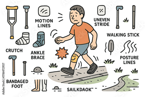 Injured Stride Illustration. Careful step. Hand-drawn doodle illustration person walking (colored), uneven stride (colored), crutch (colored), cane (colored),