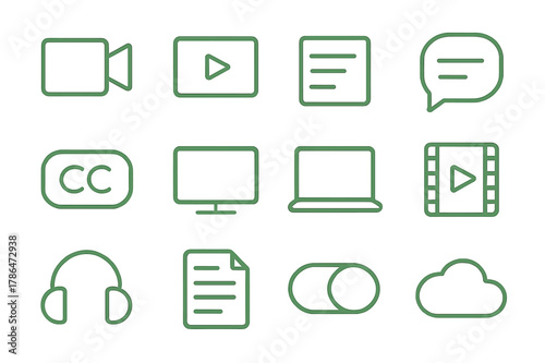 Transcription Icon Set. Transcribed videos. Line outline icon set of transcribed videos: video camera, video