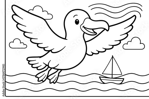 Albatross Coloring Adventure. Albatross soaring children?s coloring book illustration, outlined drawing, a large happy albatross gliding over the sea with a
