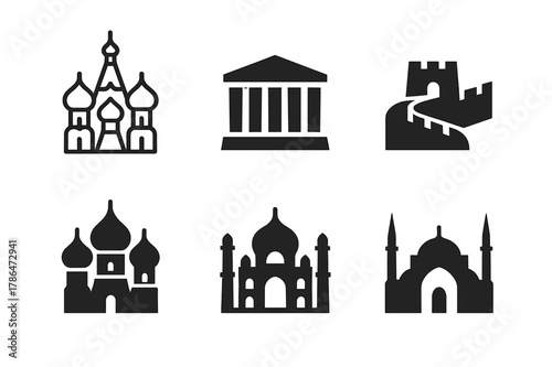 Eurasian Landmarks Logos. Eurasia. Set Logo of Cultural Landmarks: Minimal outline, Abstract geometric, Negative space, Flat solid, Symmetrical form, Iconic