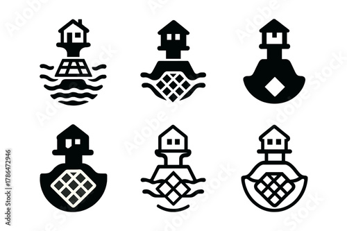 Floating Neighborhood Logos. Floating neighborhoods. Set Logo of floating neighborhoods: microgrid energy buoy. Icon set. harmonious logo variations of the