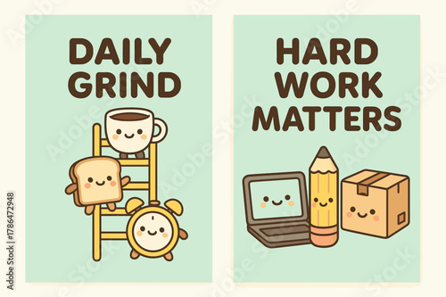 Kawaii Work Banners. Daily grind. Two vertical A6 banners with safe margins, centered composition, no elements touching edges, kawaii, pastel mint and yellow,