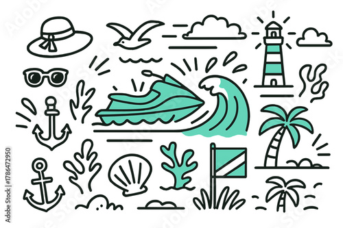 Ocean Adventure Doodle. // Ocean ride. Hand-drawn doodle illustration Ocean ride [jet ski (accented), rolling wave (accented), seagull, lighthouse (accented),