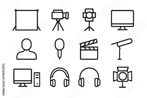 Chroma Key Icon Set. Chroma key setup. Line outline icon set of chroma key setup: green screen, camera, tripod