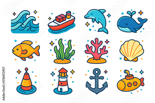 Colorful Ocean Icons. oceans. Colorful isometric vector icons set of oceans: waves, ships, dolphins, whales, fish, seaweed, coral, shells, buoys, lighthouses,