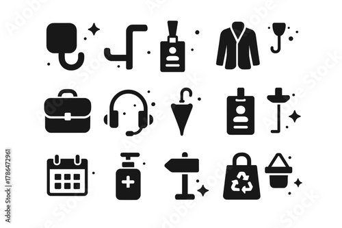 Office Icons Set. Office coat and bag hooks. Solid icons set of Office coat and bag hooks: cubicle hook, desk side hook, conference badge lanyard, blazer,