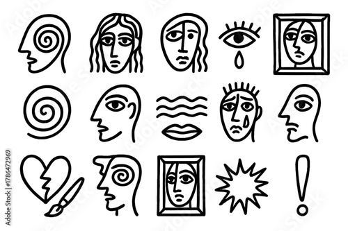Expressionist Faces Doodle. Expressionist portraits. Hand-drawn doodle illustration expressionist portraits face outline, eye, brush stroke, spiral, wave, line