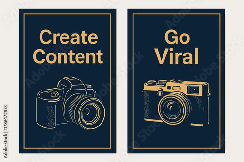 Content Creation Banners. CONTENT CREATION. Two vertical A6 banners with safe margins, centered composition, no elements touching edges, modern, navy and gold,