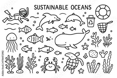 Sustainable Oceans Doodle. Sustainable Oceans. Hand-drawn doodle illustration Sustainable Oceans coral reef, fish, dolphin, turtle, whale, crab, starfish,
