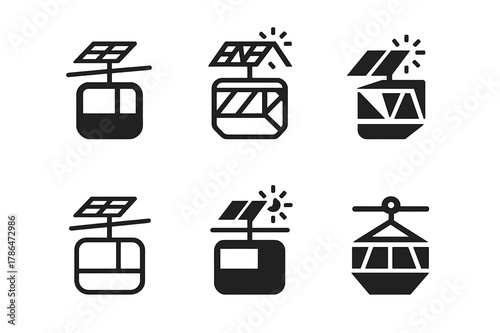 Solar Transport Logos. Solar-powered city transport vehicles. Icon set. Set Logo of Solar-powered city transport vehicles: cable car gondola with solar panels.