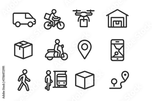 Urban Mobility Icons Set. Urban mobility. Line icon set of urban mobility: delivery van, bicycle courier, drone, warehouse, package, scooter, map marker,