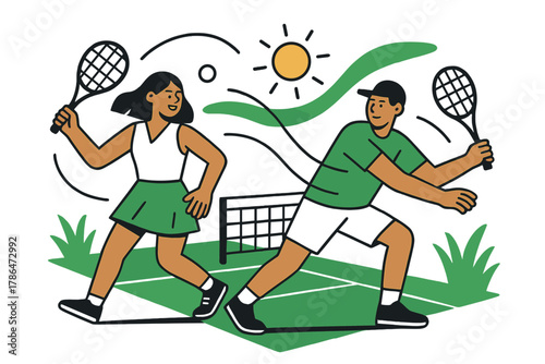 Dynamic Tennis Scene. Outdoor fun. Two players on a tennis court mid-swing, motion lines curve across the