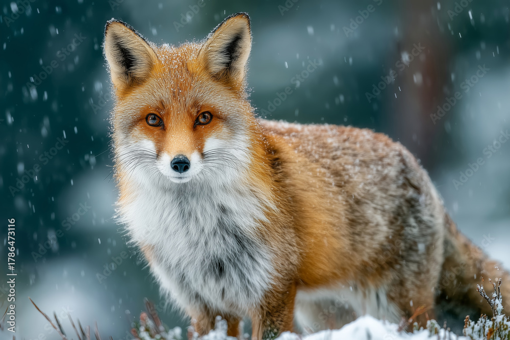 Fototapeta premium Red fox in snowy landscape pursuing prey during winter hunt in nature