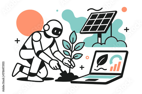 Eco-Friendly Technology Illustration. Green technology. A robot planting a tree, a solar panel generating electricity, a laptop with a green screen displaying