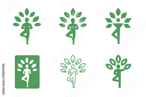 Diverse Fitness Logos. Healthy living and fitness routines. Icon set. Set Logo of Healthy living and fitness routines: yoga pose tree. harmonious