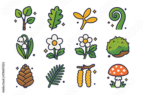 May Forest Flora Icons. May forest flora. Colorful isometric vector icons set of May forest flora: birch sapling, oak leaf, maple samara, curled fern, lily of