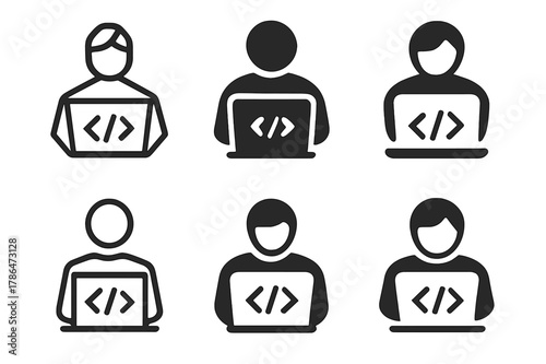 IT Coding Logos. IT professionals and programmers coding. Icon set. Set Logo of IT professionals and programmers coding: code editor window with