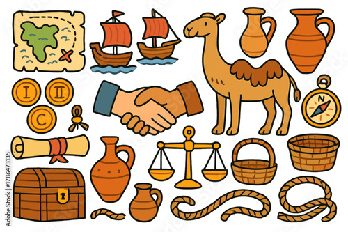Ancient Trade Icons. Ancient trade. Colorful Hand-drawn doodle Children illustration Ancient trade bronze coins, ships, amphora, camel, map, scroll, compass,