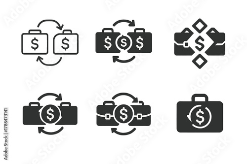Tariff Negotiation Logos. tariff negotiations. Set Logo of tariff negotiations: two briefcases facing each other with currency flow. Icon set. harmonious logo