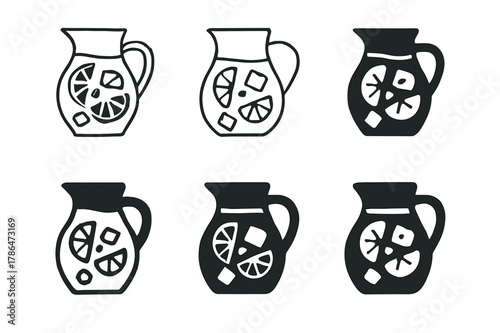 Lemonade Logo Variations. Lemonade stand decor and ideas for kids. Set Logo of lemonade stand decor and ideas for kids: glass pitcher with lemon slices and