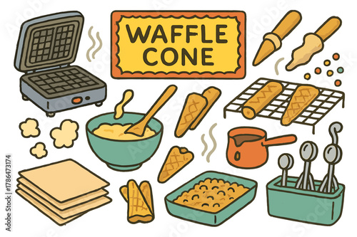 Waffle Cone Bakery. Waffle cone bakery. Colorful Hand-drawn doodle Children illustration Waffle cone bakery waffle iron, batter bowl, cone roller, sugar