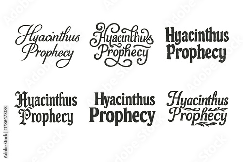 Diverse Lettering Styles. Hyacinthus Prophecy. Set lettering. harmonious lettering variations of the same emblematic concept, each with different artistic
