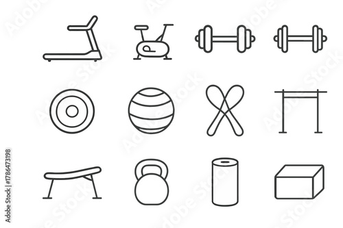 Fitness Equipment Icons. Fitness Equipment. Line icon set of Fitness Equipment: treadmill, stationary bike, dumbbell pair, barbell, weight plate, gym ball,