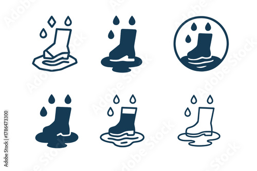 Rainy Mood Logo Set. Rainy mood illustration. Set Logo of Rainy mood illustration: rain boots stepping in puddle. Icon set. harmonious logo variations of the