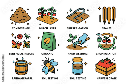 Organic Tomato Farming Icons. Organic tomato farming. Colorful isometric vector icons set of Organic tomato farming: compost heap, mulch layer, drip irrigation