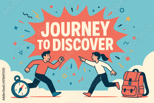 Journey Discovery Adventure. Journey to discover banner, flat vector illustration, bold oversized text inside splash explosion, cartoon characters running and