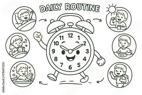 Cheerful Clock Activities. Daily routine children?s coloring book illustration, outlined drawing, cheerful