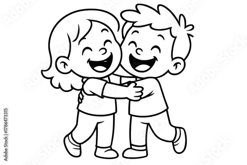 Happy Hugging Kids. Friend reunion children?s coloring book illustration, outlined drawing, two cheerful kids