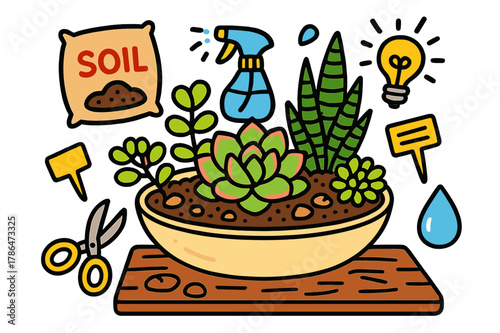 Colorful Succulent Display. Succulent arrangement. Colorful Hand-drawn doodle Children illustration Succulent arrangement echeveria rosette, jade plant, zebra