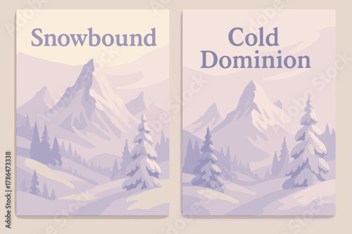 Snowbound and Cold Dominion. Frozen Peaks. Two vertical A6 banners with safe margins, centered composition, no elements touching edges, pastel, lavender and