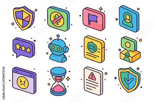 Cyberbullying Prevention Icons. Cyberbullying prevention in games. Colorful isometric vector icons set of Cyberbullying prevention in games: anti-bullying